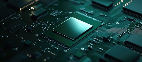 Poster - Green Microchip Circuit Macro Shot on Dark Background with Space for Text or Branding in Technology and Electronics Concepts