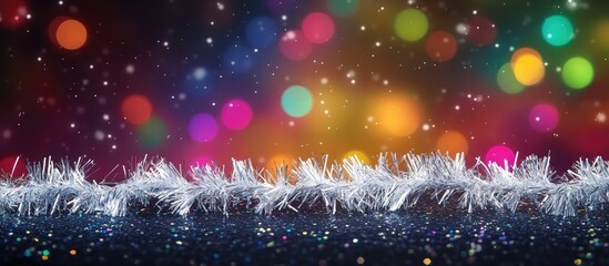 Wall Mural - Glittering white tinsel border on a vibrant bokeh background with ample space for festive text or annotations