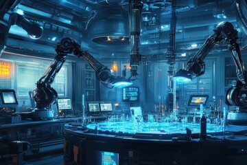 Poster - laboratory with advanced robotic arms performing intricate experiments, showcasing technological adv