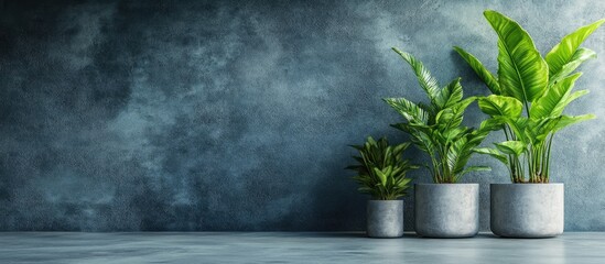 Poster - Contemporary interior featuring green plants in concrete pots on a textured wall with ample empty space for text or branding.