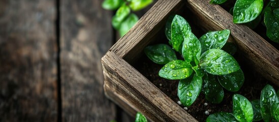 Canvas Print - Vibrant Green Plants in Wooden Containers with Water Droplets and Ample Copy Space for Textual Content