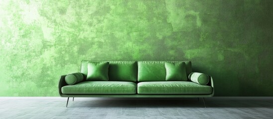 Poster - Minimalist Green Living Room with White Plaster Wall and Empty Space for Text in Modern Interior Design Concept