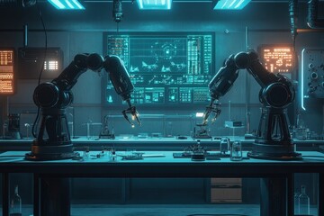Poster - laboratory with advanced robotic arms performing intricate experiments, showcasing technological adv