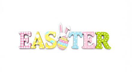 Wall Mural - Colorful Easter Bunny and Egg Art with Pastel Polka Dot Letters on White Background. Easter concept