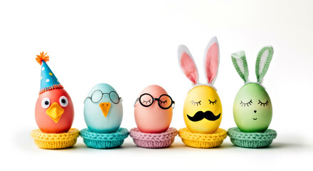 Wall Mural - Colorful Easter Eggs with Creative Faces and Decorations on White Background. Easter concept