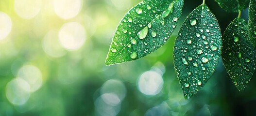 Poster - Fresh Green Leaves with Water Droplets Sparkling in Sunlight Against a Soft Bokeh Background