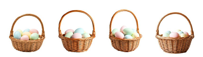 Wall Mural - Pastel Easter Eggs in Wicker Baskets Isolated on White Background