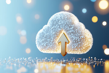Poster - A digital upload arrow is subtly blended into a soft, white cloud shape against a bright, even light background. This minimalist design represents cloud computing concepts during midday