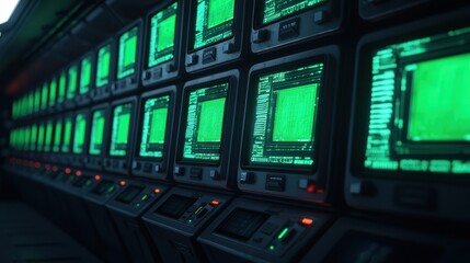 Poster - Futuristic Control Room with Multiple Green Digital Screens Displaying Data in a High-Tech Environment