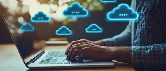 Poster - Person typing on laptop with digital cloud icons above