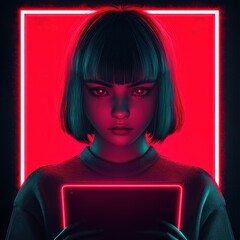 Poster - Futuristic portrait of a young woman illuminated by vibrant neon lights with an intense gaze holding a glowing tablet device