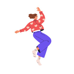 Poster - Happy excited woman jumping in active joyful pose. Cheerful positive energetic female character rejoicing in carefree dancing flying movement. Flat vector illustration isolated on white background