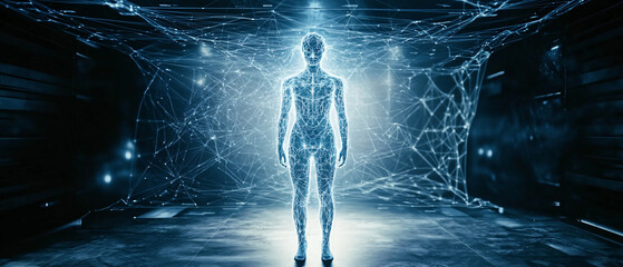 Poster - A humanoid figure made of light stands in a futuristic environment, surrounded by a network of glowing lines and particles, evoking themes of technology and innovation.