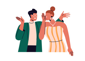 Leinwandbilder - Happy friends gossiping, sharing secret. Woman telling rumors, whispering, speaking. Joyful funny conversation. Chatting, laughing, gesturing. Flat vector illustration isolated on white background