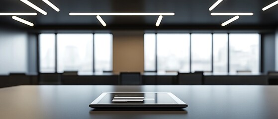 Poster - Modern conference room with tablet on table and skyline view