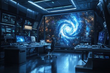 Poster - Futuristic control room with a galaxy display and advanced technology at night