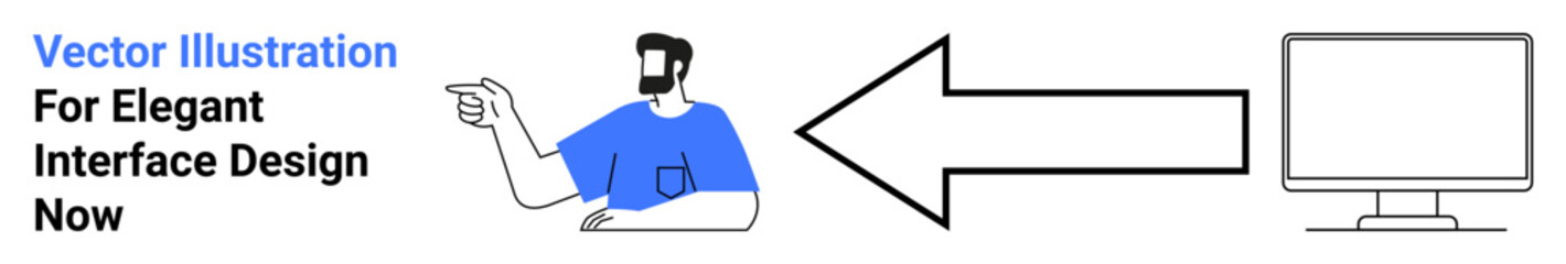 Bearded man pointing at screen with bold arrow connecting to computer. Ideal for interface design, web development, user experience, digital communication, education, presentations, flat landing page