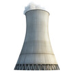 © yendisupiandi - A large industrial cooling tower emits a plume of white steam or vapor against a black background.
