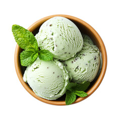 Poster - Three scoops of refreshing mint chocolate chip ice cream in a bowl, garnished with fresh mint leaves.