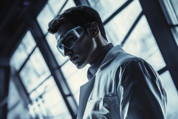 Poster - research scientist focused on experiments in a modern laboratory with large windows