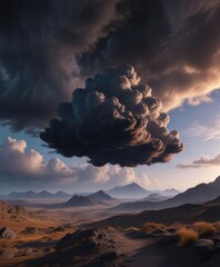 Wall Mural - single black cloud suspended above a darkened landscape, isolated, solitary figure