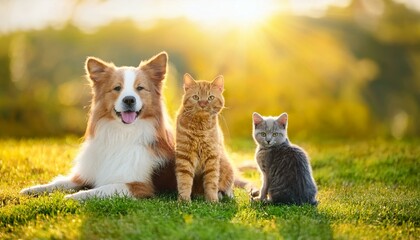 Wall Mural - cute dogs and cats healthy sitting together on natural green grass with bright sunlight