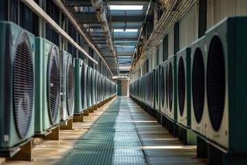 Poster - Multiple air conditioning units lined up along the side of a building, emphasizing their organized placement. Long Corridor With Row Of Industrial Air Conditioning Units .