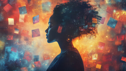 Poster - person in profile surrounded by colorful abstract shapes