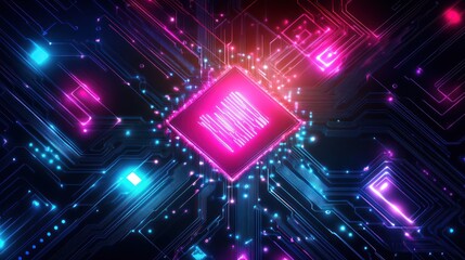 Glowing microchip on circuit board with digital data streams, future tech concept background use