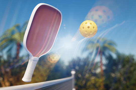 A pickleball paddle and ball in midair, set against a sunny backdrop with palm trees. Glitch effect 3d rendering