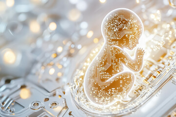 Poster - An outline of a fetus is displayed with intricate circuitry patterns inside, set against a neutral backdrop illuminated by soft midday light, capturing the essence of life intertwined with technology
