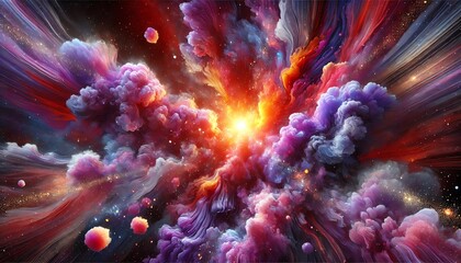 Wall Mural - An abstract digital painting of a cosmic, nebula-like explosion of colors with deep purples, vivid magentas, and fiery oranges