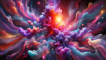 Wall Mural - An abstract digital painting of a cosmic, nebula-like explosion of colors with deep purples, vivid magentas, fiery oranges, and subtle pink