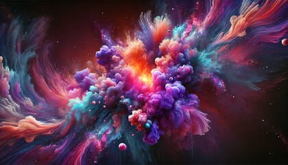 Wall Mural - An abstract digital painting of a cosmic, nebula-like explosion of colors with deep purples, vivid magentas, fiery oranges, and subtle touches of pink