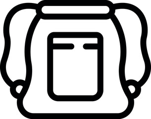 Poster - Simple black and white line art icon of a small backpack featuring a drawstring closure and a prominent front pocket, ideal for carrying essentials