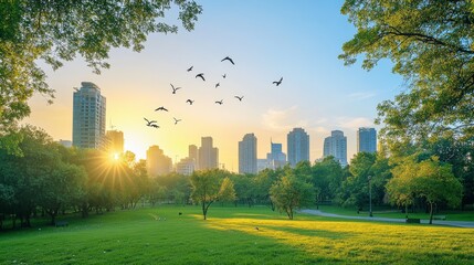 Poster - Summer city park landscape background. Cartoon vector skyline scene with road. Ctyscape urban illustration with green trees, asphalt walking paths. Modern architecture perspective view, flying birds