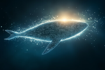 Poster - A minimalist depiction of a whale silhouette adorned with faint circuit marks floats against a neutral background. The soft midday light enhances the blending of nature and technology