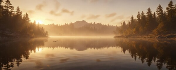 Wall Mural - Radiant gold mist envelops a serene lake at dawn, natural beauty, dewy landscape