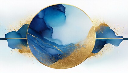 Wall Mural - round blue watercolor illustration and gold isolated on white background dreamy posters blush