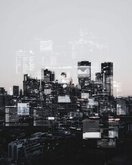 Poster - Futuristic cityscape with data visuals urban landscape digital art evening glow aerial view technology integration