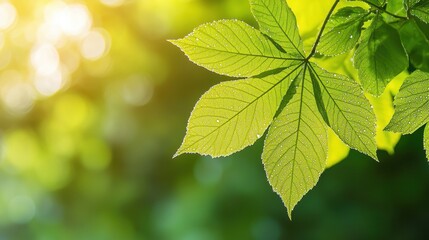 Poster - Vibrant Green Leaves Illuminated by Sunlight with Morning Dew in a Serene Natural Environment