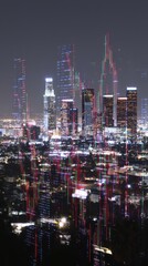 Poster - Dynamic los angeles cityscape featuring glowing forex and cryptocurrency market visuals at night