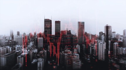Poster - Futuristic city skyline with glowing market graphs urban environment double exposure sleek visualization