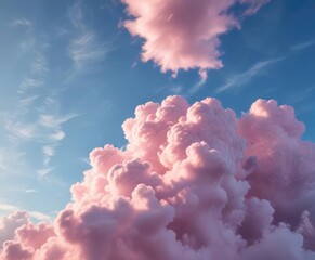 Wall Mural - Pink cloud formations against a pale blue sky with wispy cirrus clouds, wispy cirrus, airy atmosphere
