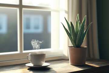 Wall Mural - Warm Cup of Steaming Coffee Next to a Lush Indoor Plant by a Bright Sunny Window