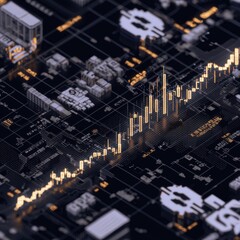 Poster - City skyline with glowing candlestick charts and currency symbols modern business environment digital viewpoint