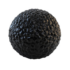 Poster - A digitally rendered image shows a dark sphere with a rough, textured surface resembling a rocky or bumpy substance.
