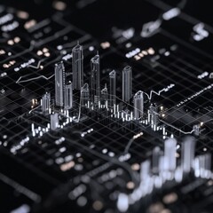 Poster - Dynamic city skyline with glowing financial charts and currency symbols urban finance concept modern perspective