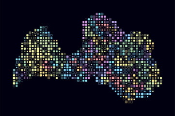 Wall Mural - Latvia, shape of the country built of colored cells. Digital style map of Latvia on dark background. Small size rounded square blocks. Abstract vector illustration.