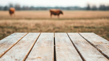 Poster - Wooden table in foreground with a peaceful pasture scene, featuring cows grazing in the distance under soft, earthy light